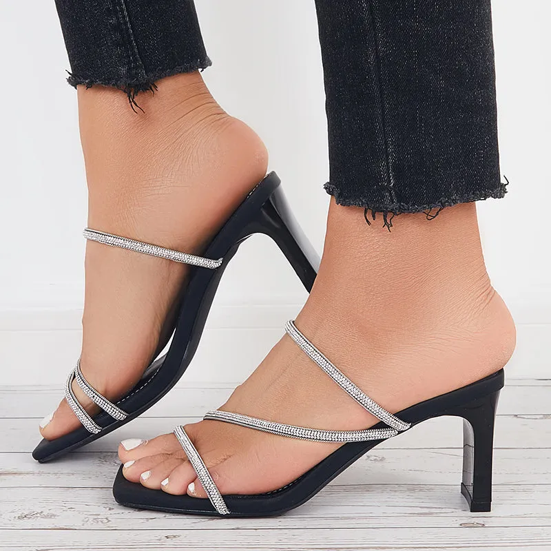 Sohiwoo  Women Shiny Square Toe Chunky Heels Bling High Heel Sandals
