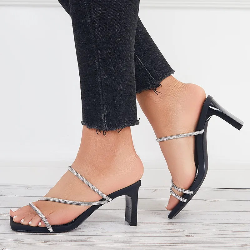 Sohiwoo  Women Shiny Square Toe Chunky Heels Bling High Heel Sandals