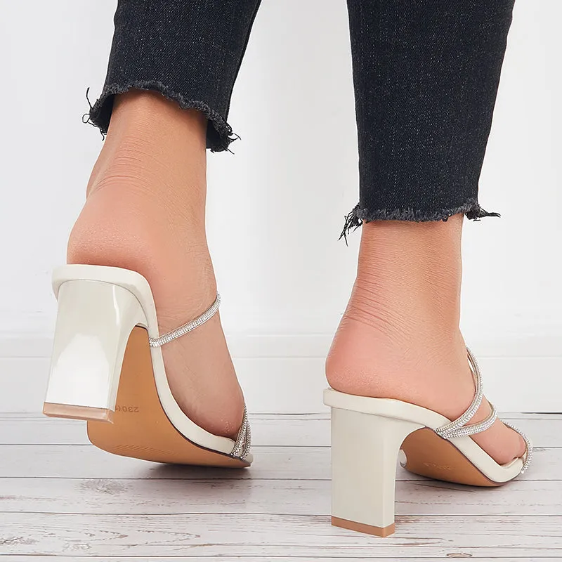 Sohiwoo  Women Shiny Square Toe Chunky Heels Bling High Heel Sandals