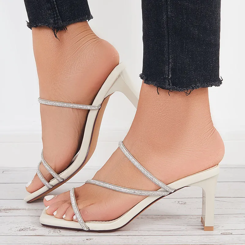 Sohiwoo  Women Shiny Square Toe Chunky Heels Bling High Heel Sandals
