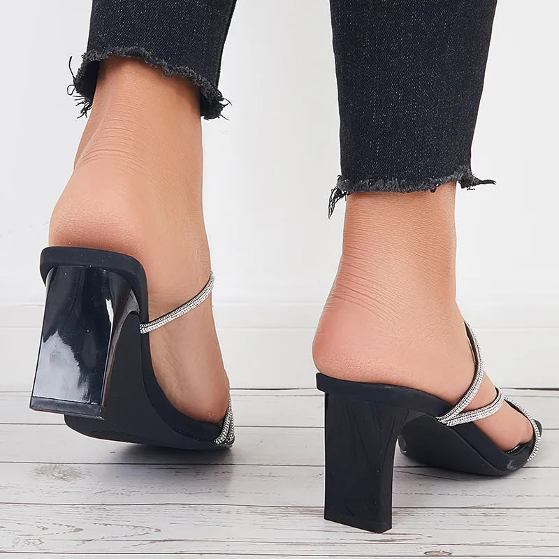 Sohiwoo  Women Shiny Square Toe Chunky Heels Bling High Heel Sandals