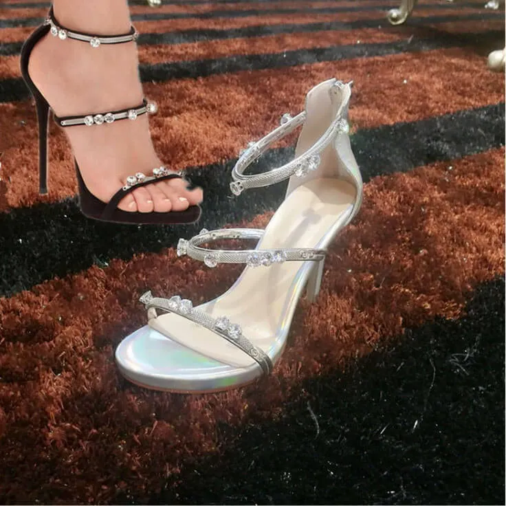 Summer Leather Rhinestone Zipper High Heel Sandals