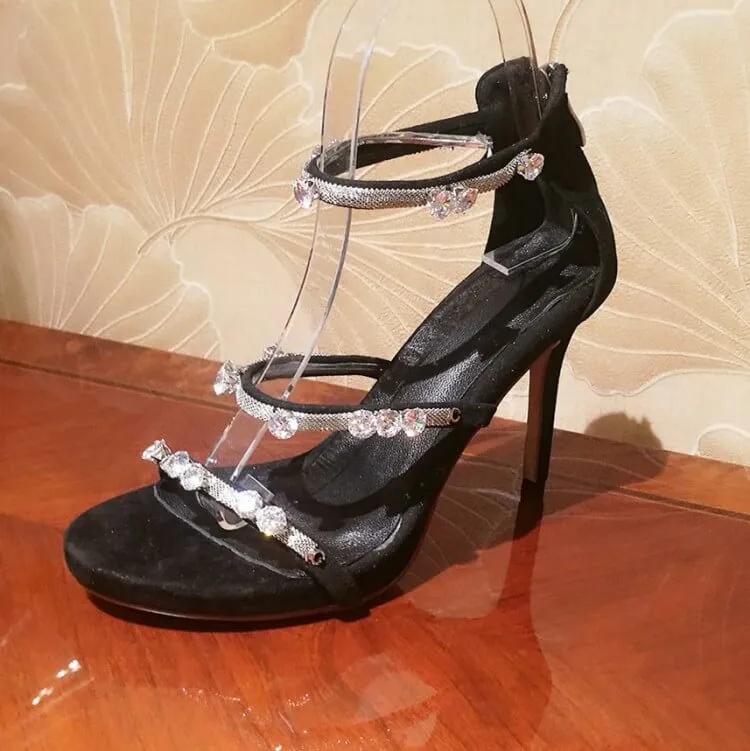 Summer Leather Rhinestone Zipper High Heel Sandals
