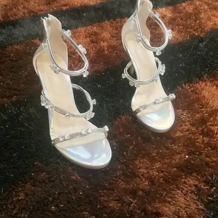 Summer Leather Rhinestone Zipper High Heel Sandals