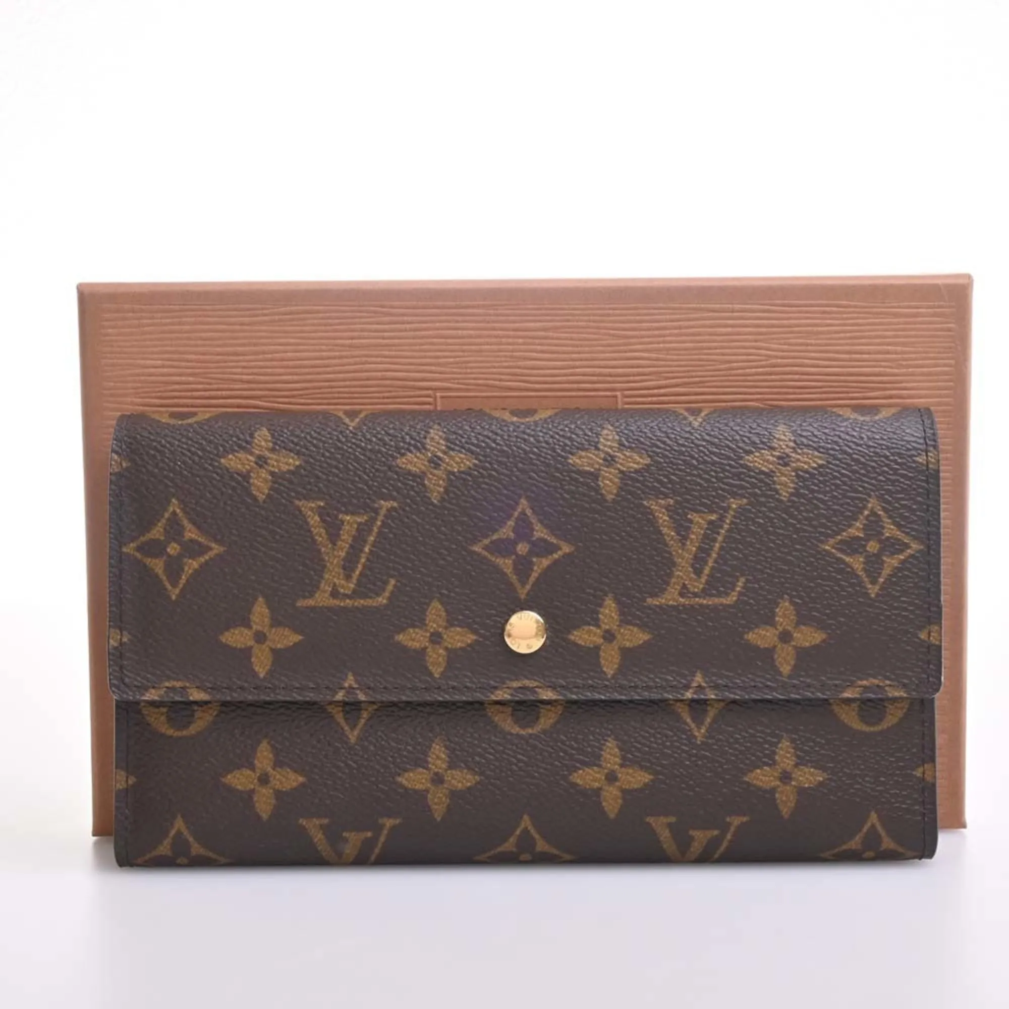 Trendy Inspired Louis Vuitton Monogram Portefeuille International Tri-fold Long Wallet M61217 Brown Women's