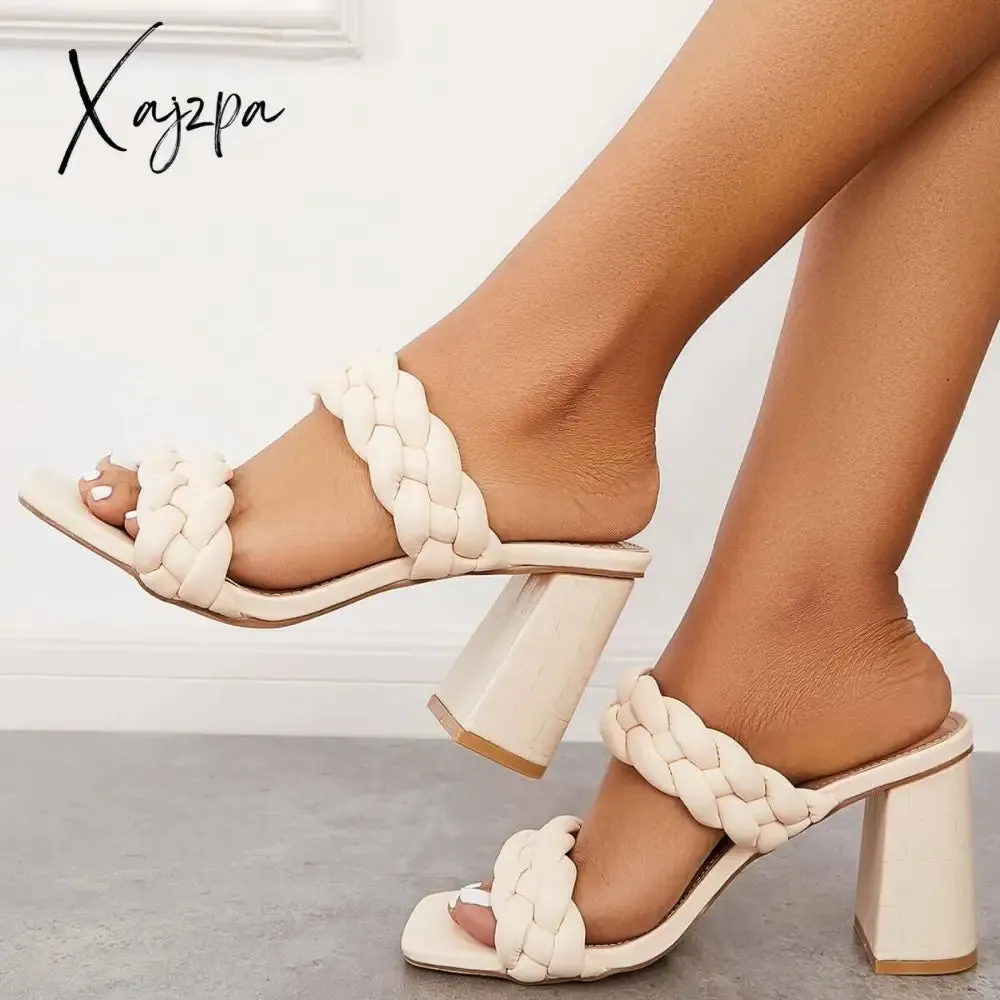 Xajzpa - Square Toe Block High Heels Backless Slip on Mule Sandals