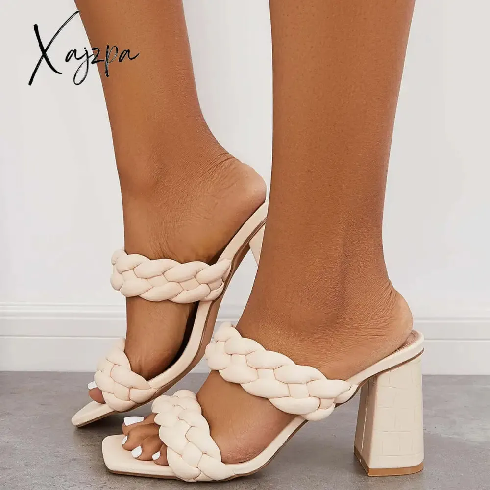 Xajzpa - Square Toe Block High Heels Backless Slip on Mule Sandals