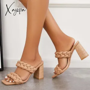 Xajzpa - Square Toe Block High Heels Backless Slip on Mule Sandals