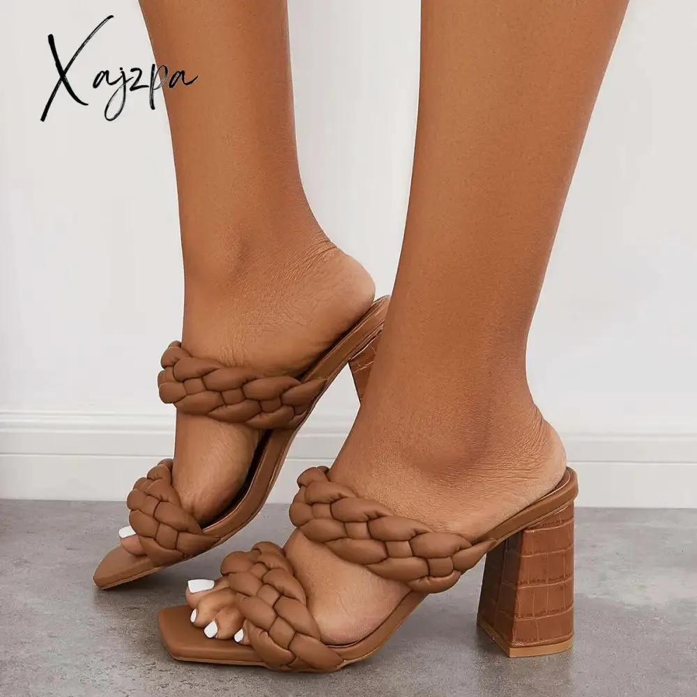 Xajzpa - Square Toe Block High Heels Backless Slip on Mule Sandals