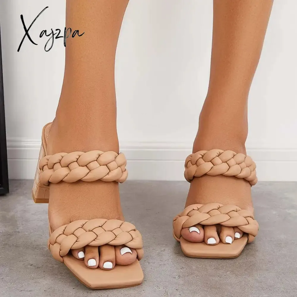 Xajzpa - Square Toe Block High Heels Backless Slip on Mule Sandals