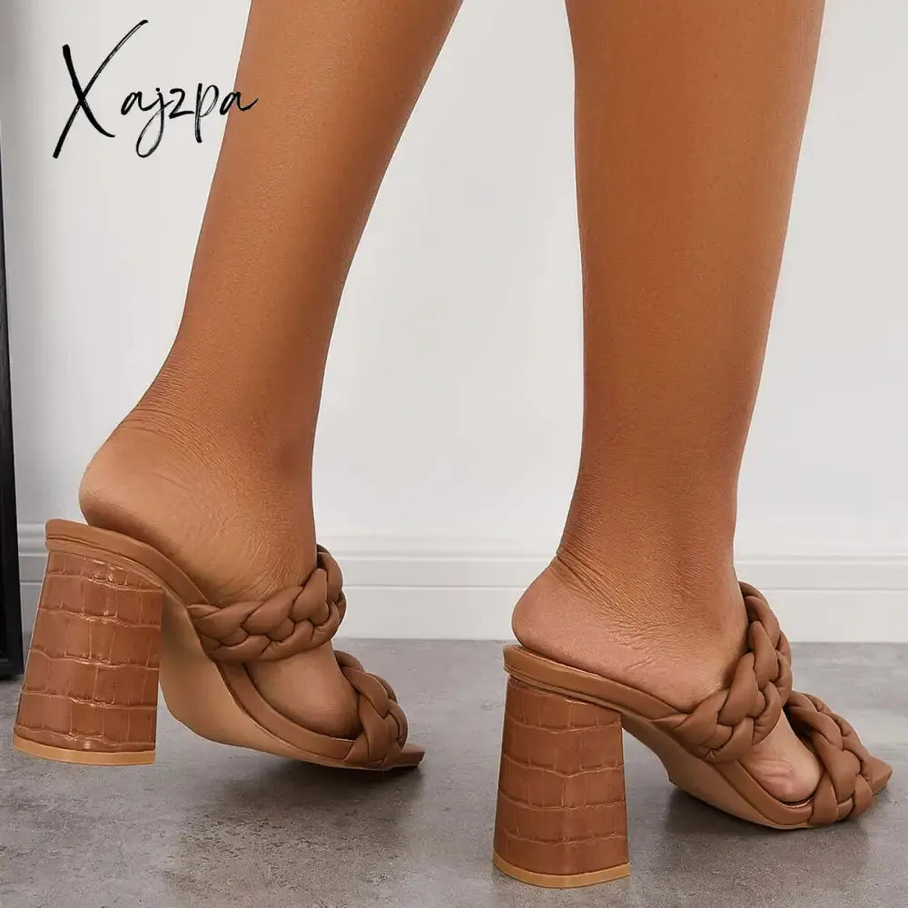 Xajzpa - Square Toe Block High Heels Backless Slip on Mule Sandals