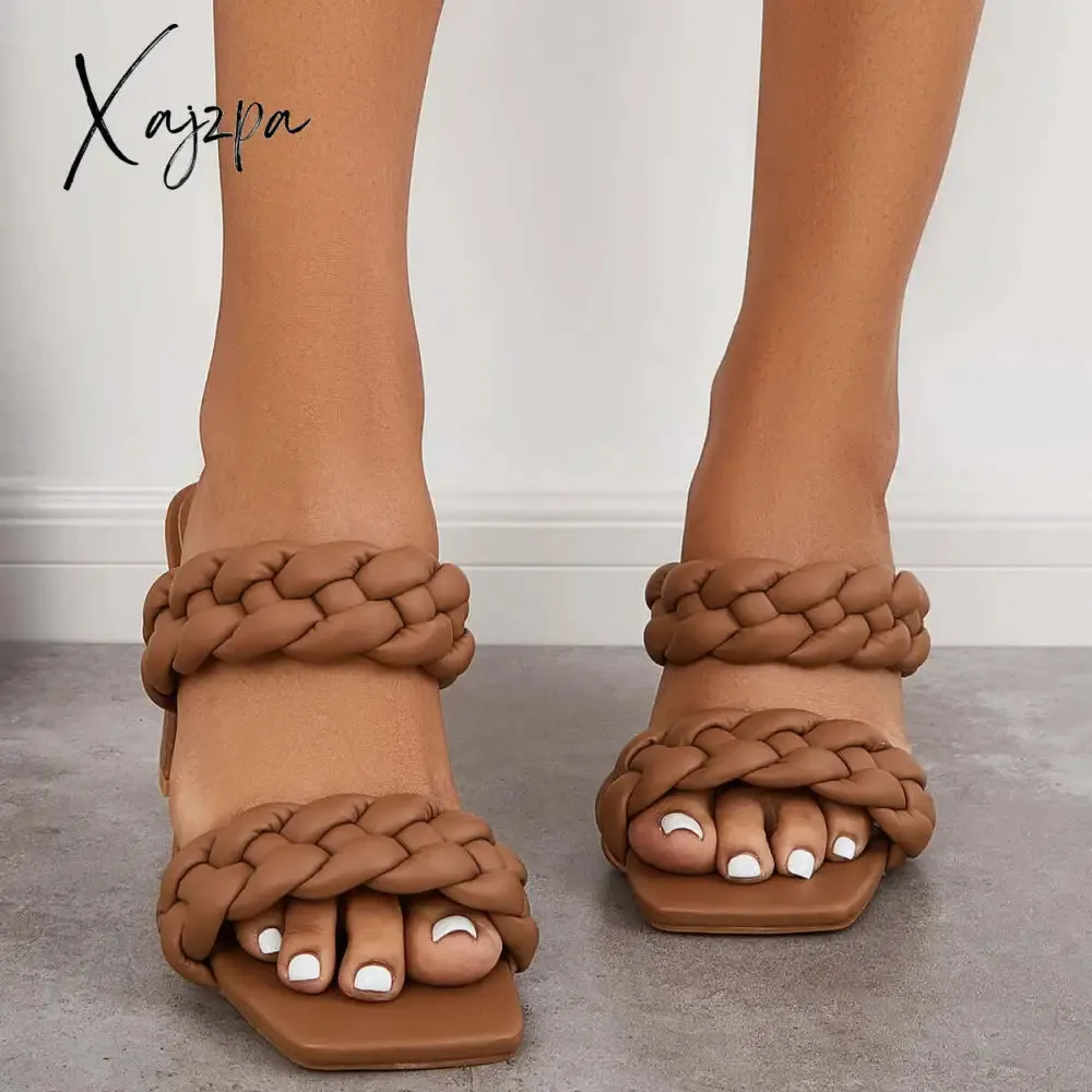 Xajzpa - Square Toe Block High Heels Backless Slip on Mule Sandals