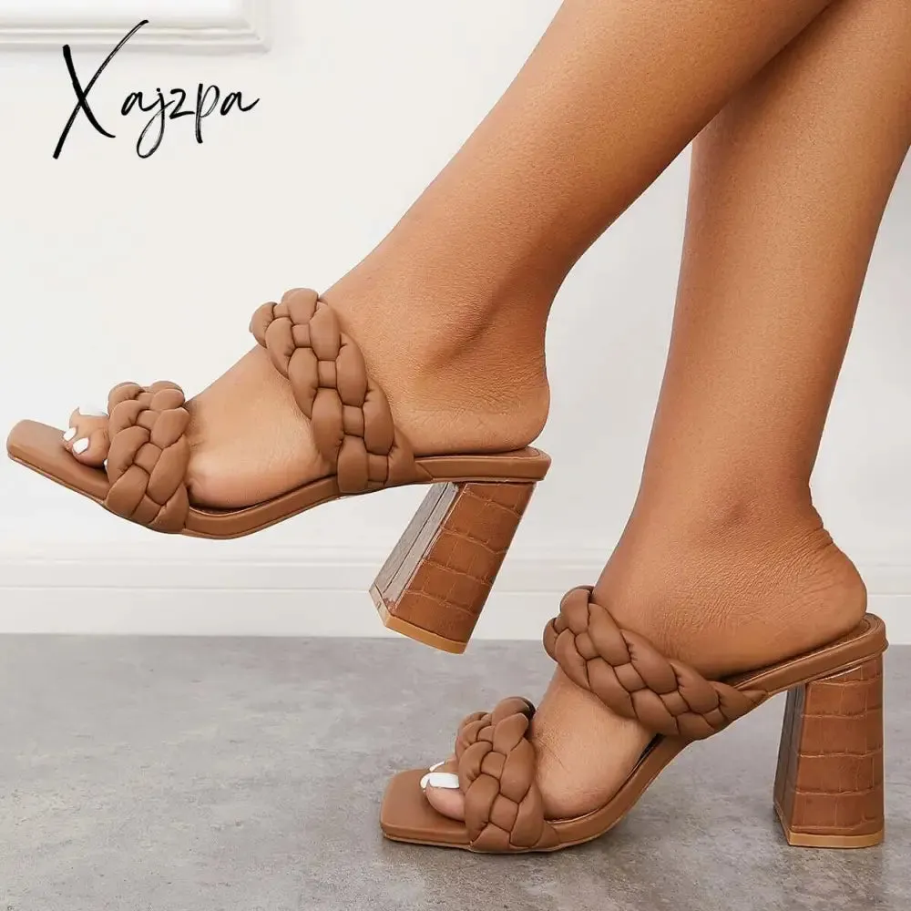 Xajzpa - Square Toe Block High Heels Backless Slip on Mule Sandals