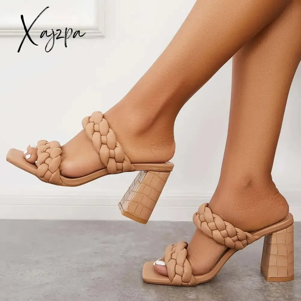Xajzpa - Square Toe Block High Heels Backless Slip on Mule Sandals