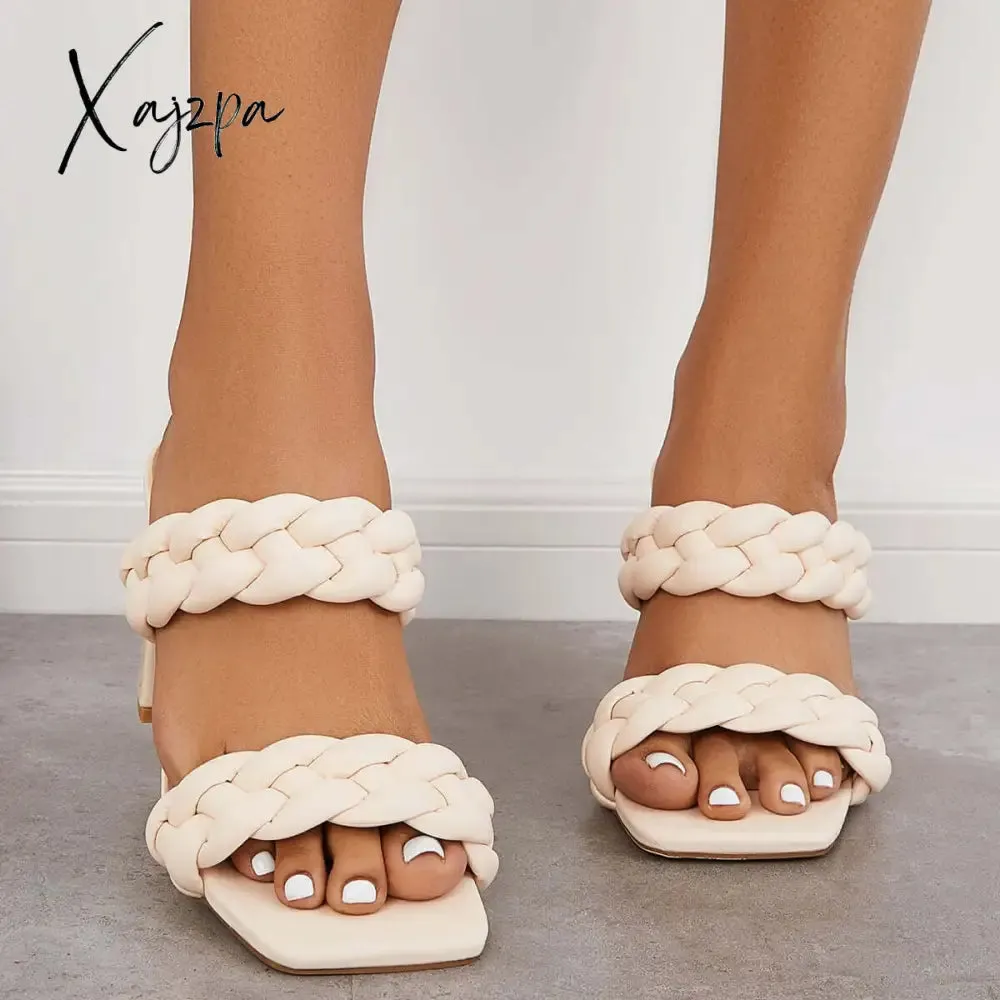 Xajzpa - Square Toe Block High Heels Backless Slip on Mule Sandals