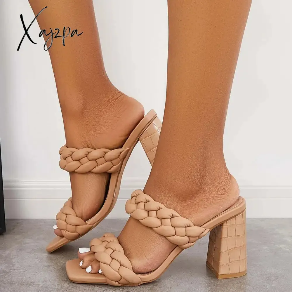 Xajzpa - Square Toe Block High Heels Backless Slip on Mule Sandals