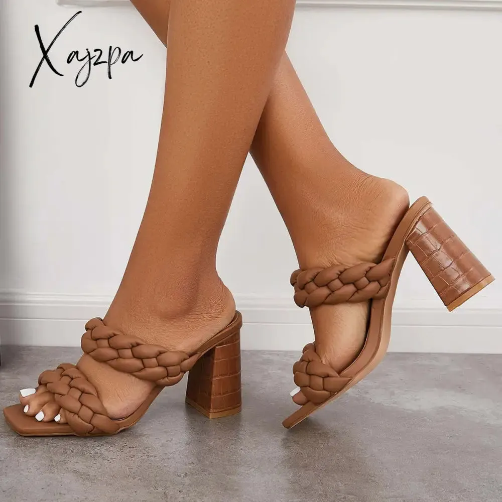Xajzpa - Square Toe Block High Heels Backless Slip on Mule Sandals