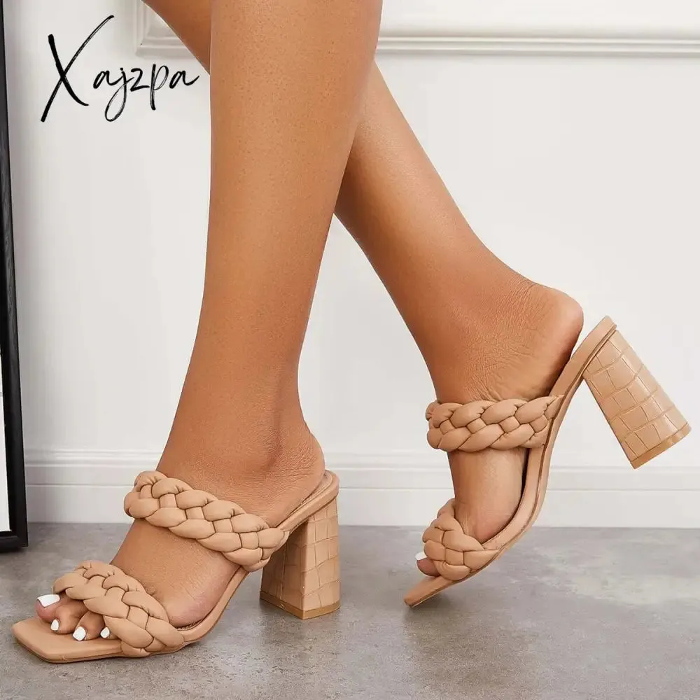 Xajzpa - Square Toe Block High Heels Backless Slip on Mule Sandals