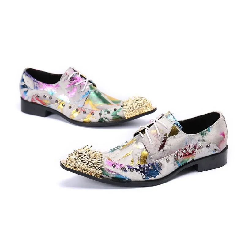Xituodai  New Men 'S Leather Shoes Pointed-Toe Lace Floral White Stitching Personality Tide Fashion Nightclub Trendy Shoes