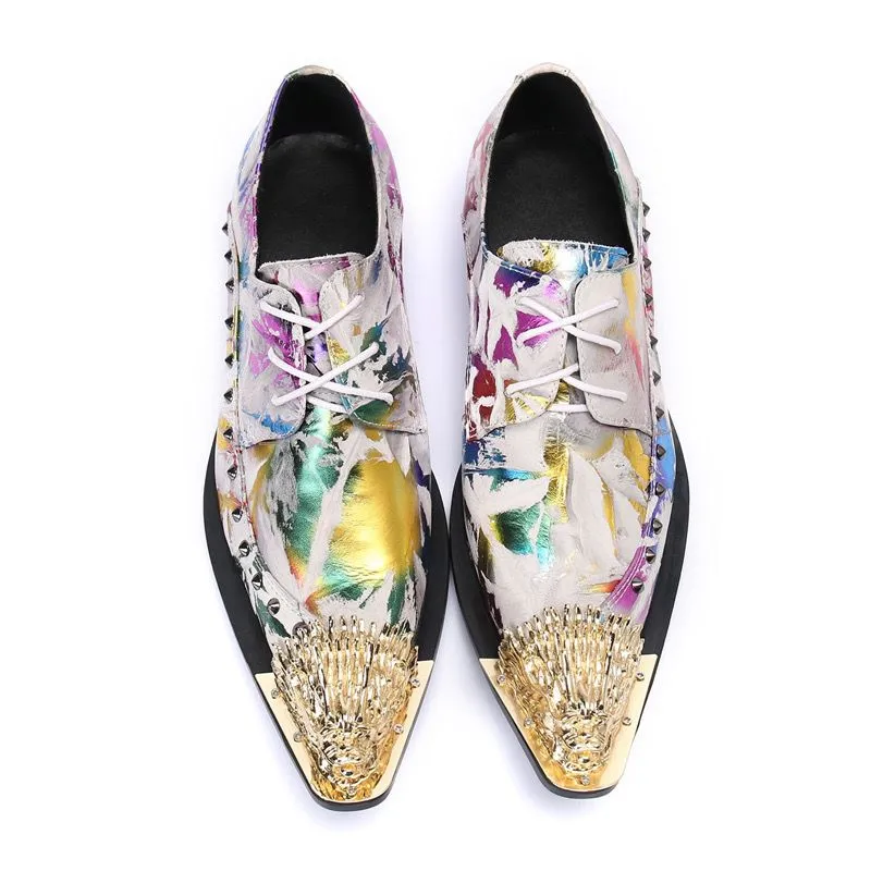 Xituodai  New Men 'S Leather Shoes Pointed-Toe Lace Floral White Stitching Personality Tide Fashion Nightclub Trendy Shoes