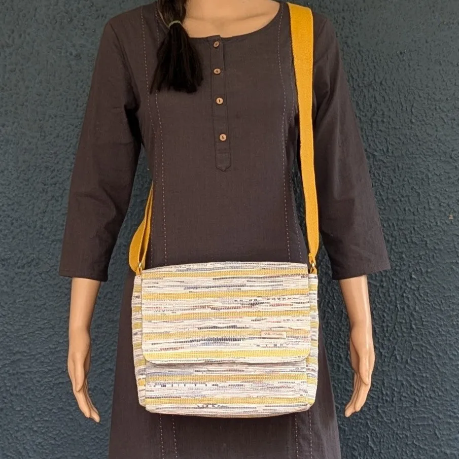 Yellow White Black Striped Upcycled Handwoven Messenger Bag (MB1224-004) PS_W
