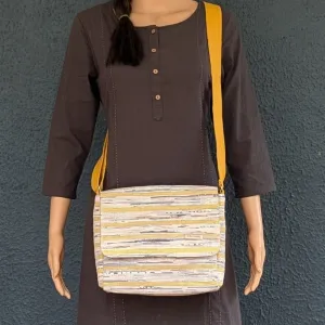 Yellow White Black Striped Upcycled Handwoven Messenger Bag (MB1224-004) PS_W
